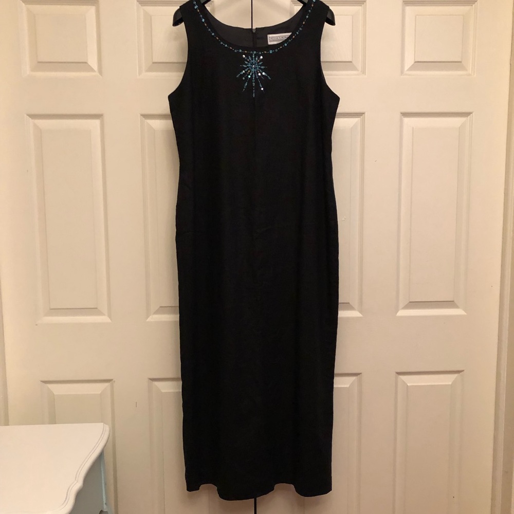 JESSICA HOWARD full length black linen dress sleeveless with embellishment sz 16